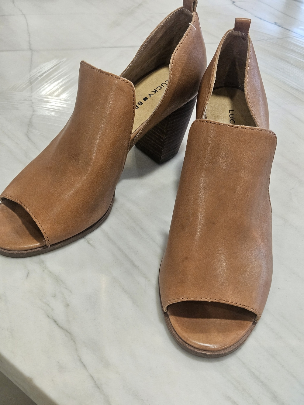 Lucky Brand Junai Leather Open Toe Booties Tan Saddle Brown Size 9.5 M